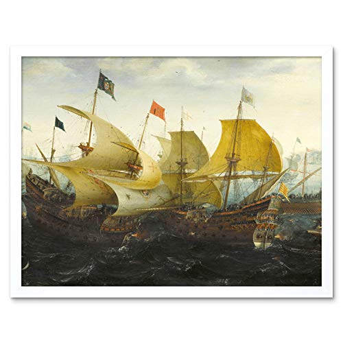 Aart Battle Cadiz Dutch English Ships Painting Art Print Framed Poster Wall Decor 12x16 Inch Batalla holand�s Embarcacion Pintura P�ster Pared