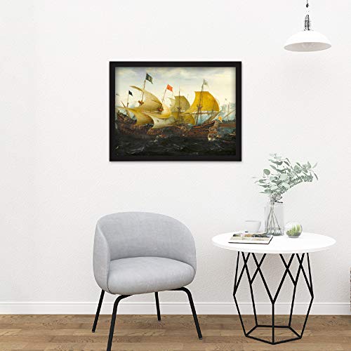 Aart Battle Cadiz Dutch English Ships Painting Artwork Framed Wall Art Print 18X24 Inch Batalla holand�s Embarcacion Pintura Pared