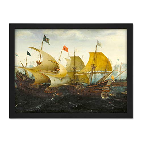 Aart Battle Cadiz Dutch English Ships Painting Artwork Framed Wall Art Print 18X24 Inch Batalla holand�s Embarcacion Pintura Pared