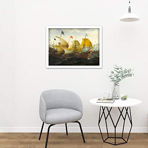 Aart Battle Cadiz Dutch English Ships Painting Artwork Framed Wall Art Print 18X24 Inch Batalla holand�s Embarcacion Pintura Pared