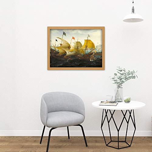 Aart Battle Cadiz Dutch English Ships Painting Artwork Framed Wall Art Print 18X24 Inch Batalla holand�s Embarcacion Pintura Pared