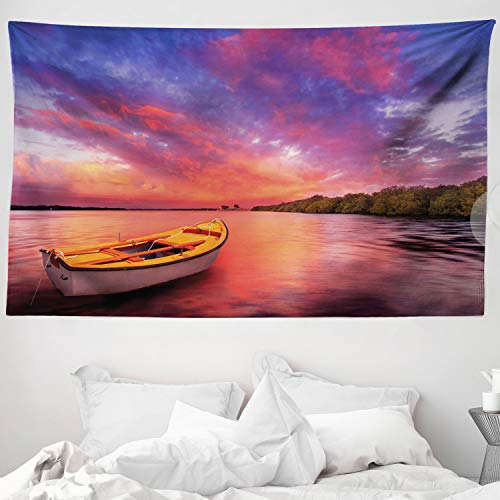 ABAKUHAUS Atardecer Tapiz de Pared y Cubrecama Suave, Costa Encantada con Bote a Remo Bajo Cielo Mágico con Neblina Naturaleza Calma, Decoración para el Cuarto, 230 x 140 cm, Púrpura