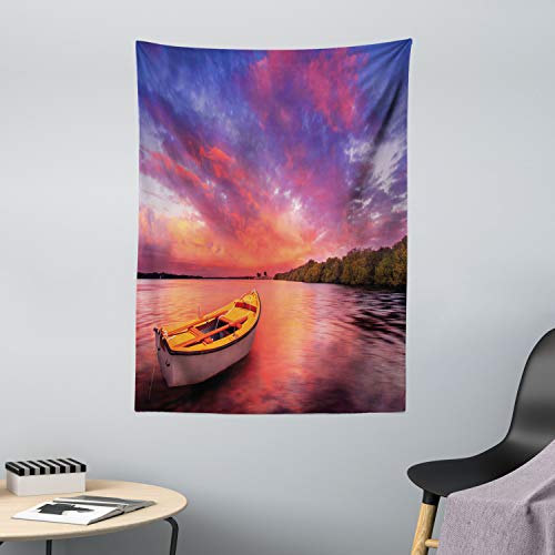 ABAKUHAUS Atardecer Tapiz de Pared y Cubrecama Suave, Costa Encantada con Bote a Remo Bajo Cielo Mágico con Neblina Naturaleza Calma, No se Desliza de la Cama, 110 x 150 cm, Púrpura