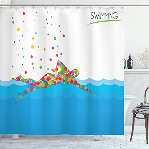 ABAKUHAUS Juegos Olímpicos Cortina de Baño, Piscina, Material Resistente al Agua Durable Estampa Digital, 175 x 200 cm, Rojo Verde Azul