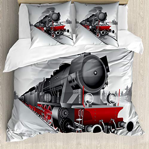 ABAKUHAUS Máquina de Vapor Ensemble de Housse de Couette, Arte ferroviario del Tren, Estampado Lavable, 3 Piezas con 2 Fundas de Almohada, 155 cm x 200 cm - 80 x 80 cm, Rojo Gris