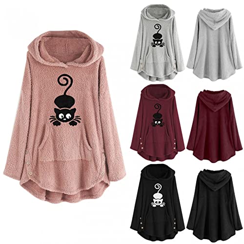 Abrigo Mujer Rebajas Cárdigans Hoodie de Franela Sweater Mujer Estampado de Bordado Gato Divertida Sudaderas de Gran TamañO Casuales Chaqueta deportiva Mujer Rebeca de Térmica Pulover S~5XL/5 Colors