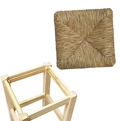 Acan Taburete Bajo de Barra Bar y Cocina Baño de Madera Cuadrada con Paja Asiento 48 x 32 cm