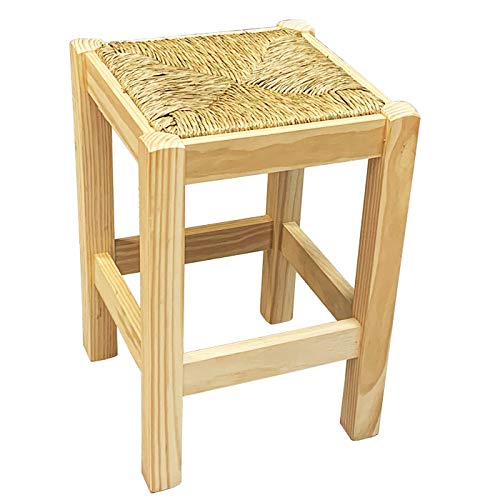 Acan Taburete Bajo de Barra Bar y Cocina Baño de Madera Cuadrada con Paja Asiento 48 x 32 cm