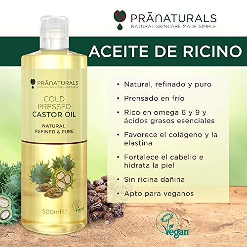 Aceite de ricino prensado en frío PraNaturals 500ml. 100% vegano y natural. Para mejorar el crecimiento del pelo y las pestañas y obtener una piel más suave. Rico en omega 6 y omega 9