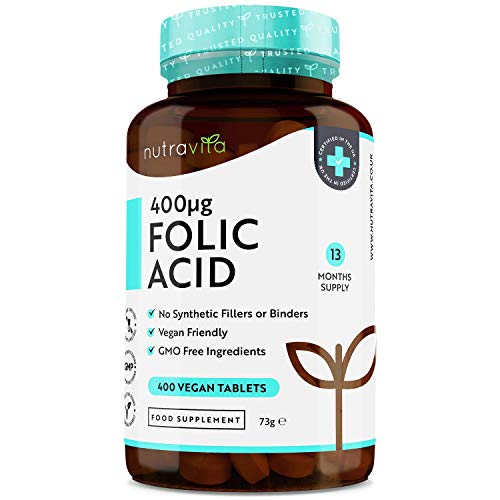 Ácido Fólico 400 mcg - 400 Tabletas Veganas - Vitamina B9 - Suministro 13meses - Función normal del sistema inmunológico y crecimiento del tejido materno durante el embarazo - Nutravita