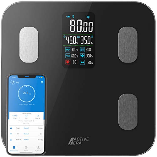 Active Era Báscula de Baño Inteligente Digital Bluetooth con Carga USB, 16 Medidas de Análisis, Grasa Corporal (IMC), Muscular y Frecuencia Cardíaca. Aplicación Gratuita y Compatible con Otras App