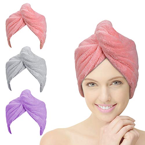 ACWOO Toallas para Secar El Pelo, 3pcs Gorro de Pelo Seco para Mujeres, Cabello Turbante de Secado rápido Coral Fleece con Botón del Abrigo, para SPA, Maquillaje