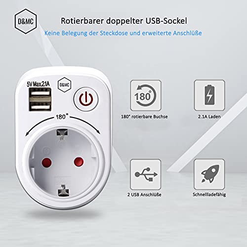 Adaptador de enchufe + 2 puertos USB giratorio 180 grados + protección infantil y activación mediante botón.