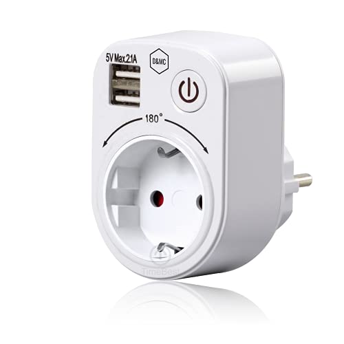 Adaptador de enchufe + 2 puertos USB giratorio 180 grados + protección infantil y activación mediante botón.