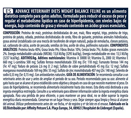 ADVANCE Veterinary Diets Weight Balance - Pienso para Gatos con Problemas de Sobrepeso - 8kg