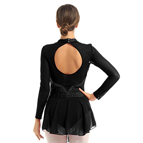 Agoky Maillot de Patinaje Artístico con Falda para Mujer Vestido de Ballet Diamantes Leotardo de Gimnasia Rítmica Manga Larga Traje Danza Clásica Negro S