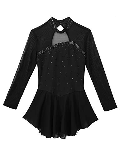 Agoky Maillot de Patinaje Artístico con Falda para Mujer Vestido de Ballet Diamantes Leotardo de Gimnasia Rítmica Manga Larga Traje Danza Clásica Negro S