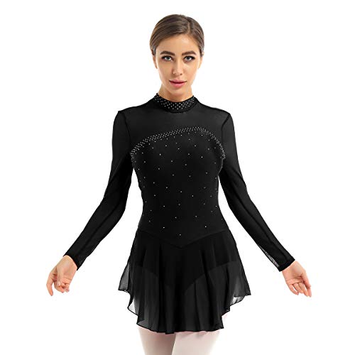 Agoky Maillot de Patinaje Artístico con Falda para Mujer Vestido de Ballet Diamantes Leotardo de Gimnasia Rítmica Manga Larga Traje Danza Clásica Negro S