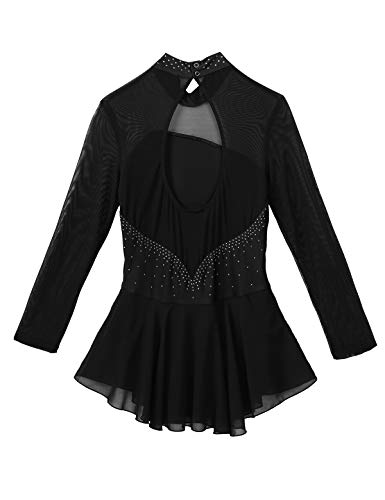 Agoky Maillot de Patinaje Artístico con Falda para Mujer Vestido de Ballet Diamantes Leotardo de Gimnasia Rítmica Manga Larga Traje Danza Clásica Negro S