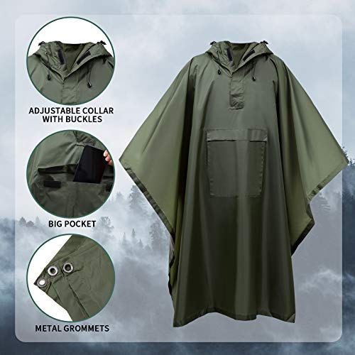 Ahsado Chubasquero 3 en 1, multifunción, para camping, senderismo, para adultos, hombres y mujeres, Verde militar, XL/XXL