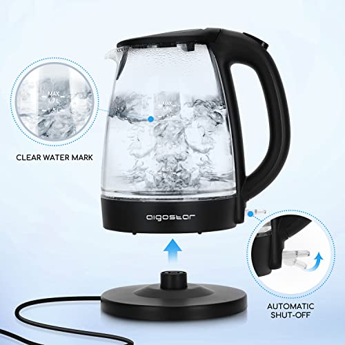 Aigostar Adam 30GOM - Hervidor de Agua Eléctrico de Cristal, Hervidores Eléctrico con Iluminación Led, 1,7 L, 2200W, Libre de BPA y Sistema de Protección Contra la Ebullición en Seco, Base 360º