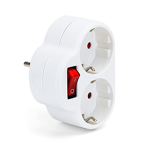 Aigostar Adaptador Enchufes Europeos con 2 Tomas y Interruptor,Enchufe de Pared.Con Protección Infantil,16A,250V,Blanco