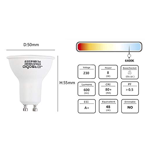 Aigostar -Bombilla LED 8W GU10, Luz blanca fría 6400K, 600lm, Esmerilada, no regulable - Caja de 5 unidades