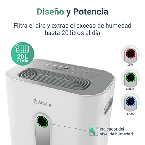 Airalia AIR-DH20 Deshumidificador 20L | Anti Moho, Con Filtro de Aire Lavable, Función Desagüe Continuo, Secadora de Ropa, Temporizador, Portátil con Ruedas | Eléctrico y con Consumo Inteligente