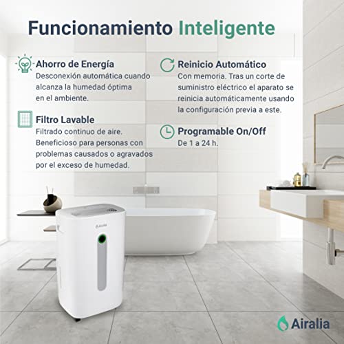 Airalia AIR-DH20 Deshumidificador 20L | Anti Moho, Con Filtro de Aire Lavable, Función Desagüe Continuo, Secadora de Ropa, Temporizador, Portátil con Ruedas | Eléctrico y con Consumo Inteligente