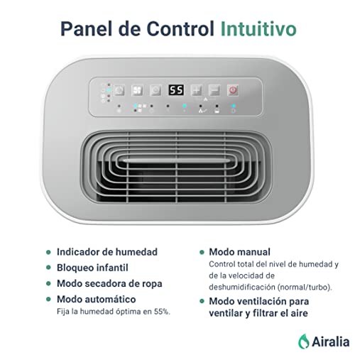 Airalia AIR-DH20 Deshumidificador 20L | Anti Moho, Con Filtro de Aire Lavable, Función Desagüe Continuo, Secadora de Ropa, Temporizador, Portátil con Ruedas | Eléctrico y con Consumo Inteligente