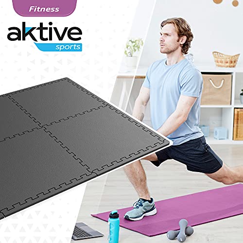 AKTIVE 52799 - Esterilla para fitness, Suelo gimnasio espuma, Alfombra puzzle, 4 piezas, 60x60 cm, 120x120cm, 1 cm de grosor, color negro, Esterilla spinning, uso exterior e interior, Aktive