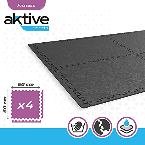 AKTIVE 52799 - Esterilla para fitness, Suelo gimnasio espuma, Alfombra puzzle, 4 piezas, 60x60 cm, 120x120cm, 1 cm de grosor, color negro, Esterilla spinning, uso exterior e interior, Aktive