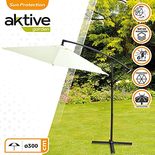 Aktive 53887 - Parasol excéntrico, Sombrilla, Parasol terraza, mástil acero, con manivela, giratorio 360º, Ø 300 cm, color crema