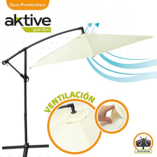 Aktive 53887 - Parasol excéntrico, Sombrilla, Parasol terraza, mástil acero, con manivela, giratorio 360º, Ø 300 cm, color crema