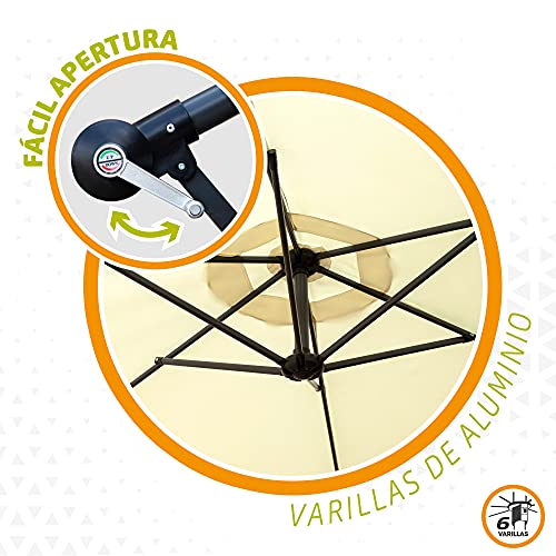 Aktive 53887 - Parasol excéntrico, Sombrilla, Parasol terraza, mástil acero, con manivela, giratorio 360º, Ø 300 cm, color crema