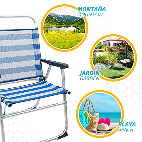 Aktive 53952 - Silla plegable de playa, Silla playa, medidas 56x50x88 cm, con asa de transporte, Silla de aluminio y fija, color azul y blanco, 100 kg, Aktive Beach