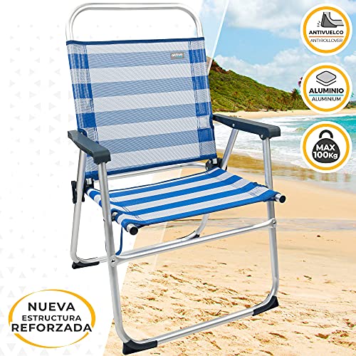 Aktive 53952 - Silla plegable de playa, Silla playa, medidas 56x50x88 cm, con asa de transporte, Silla de aluminio y fija, color azul y blanco, 100 kg, Aktive Beach