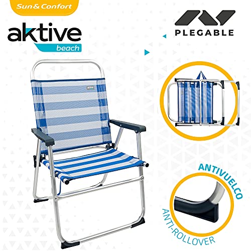 Aktive 53952 - Silla plegable de playa, Silla playa, medidas 56x50x88 cm, con asa de transporte, Silla de aluminio y fija, color azul y blanco, 100 kg, Aktive Beach