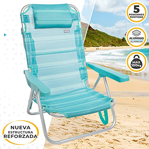 Aktive 53963 - Silla plegable de playa con cojín, Silla multiposición, 5 posiciones, 60x47x83 cm, altura del asiento 21 cm, peso máx 100 kg, estructura reforzada, aluminio y PVC, Aktive Beach