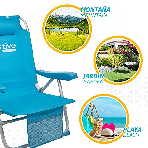 Aktive 53983 - Silla plegable de playa, Silla con cojín, Silla plegable tipo mochila, respaldo reclinable, con dos bolsillos, , color azul pastel, Aktive Beach