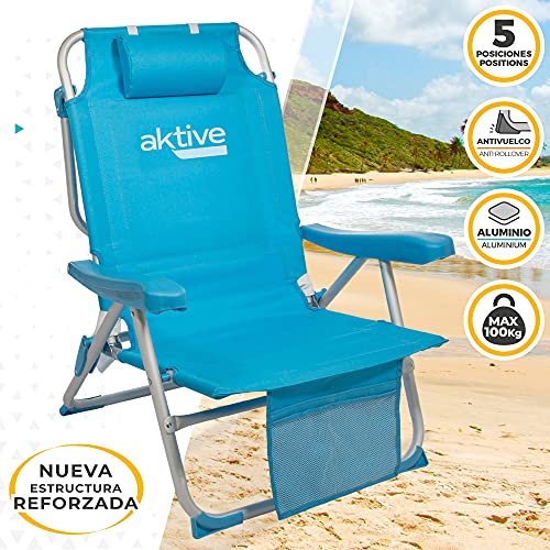 Aktive 53983 - Silla plegable de playa, Silla con cojín, Silla plegable tipo mochila, respaldo reclinable, con dos bolsillos, , color azul pastel, Aktive Beach