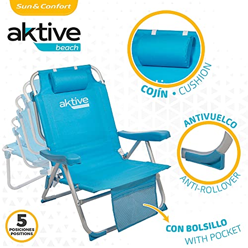 Aktive 53983 - Silla plegable de playa, Silla con cojín, Silla plegable tipo mochila, respaldo reclinable, con dos bolsillos, , color azul pastel, Aktive Beach