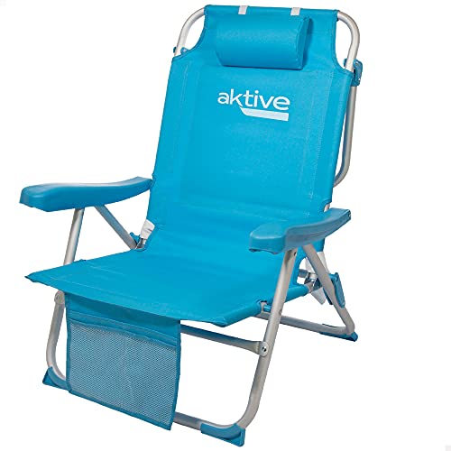 Aktive 53983 - Silla plegable de playa, Silla con cojín, Silla plegable tipo mochila, respaldo reclinable, con dos bolsillos, , color azul pastel, Aktive Beach