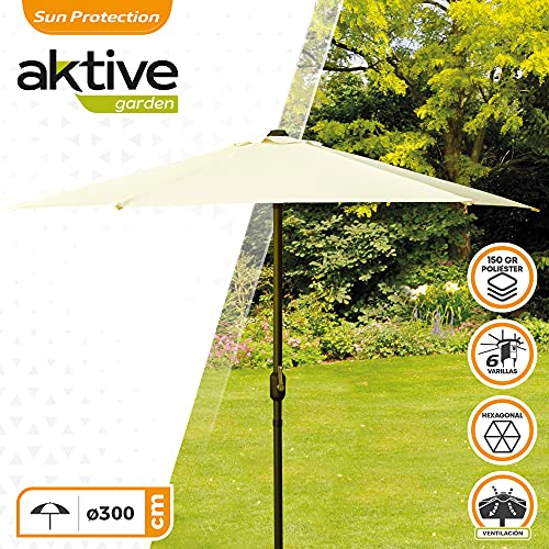 Aktive 53989 - Sombrilla grande jardín, Sombrilla hexagonal, Parasol balcón, Ø 300 cm, color crema, mástil aluminio, Ø 48 mm, con manivela, techo de ventilación