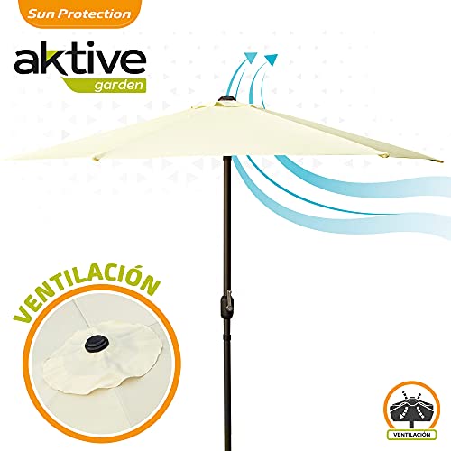 Aktive 53989 - Sombrilla grande jardín, Sombrilla hexagonal, Parasol balcón, Ø 300 cm, color crema, mástil aluminio, Ø 48 mm, con manivela, techo de ventilación