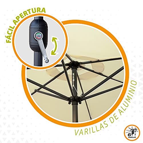 Aktive 53989 - Sombrilla grande jardín, Sombrilla hexagonal, Parasol balcón, Ø 300 cm, color crema, mástil aluminio, Ø 48 mm, con manivela, techo de ventilación