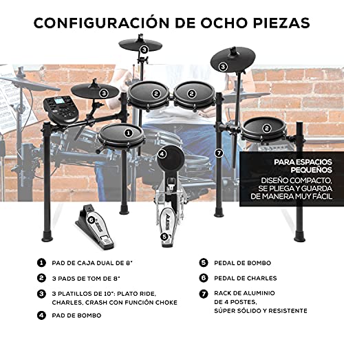 Alesis Nitro Mesh Kit - Batería Electrónica Musical de 8 Piezas con Parches de Malla, Rack Aluminio, 385 Sonidos, 60 Pistas para tocar, Baquetas, Cableado y llave de batería incluidos