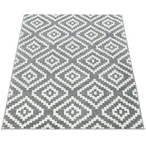 Alfombra De Salón Pelo Corto Moderna Motivo Geométrico Rombos Gris Blanco, tamaño:160x220 cm