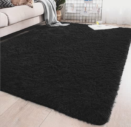 Alfombra Salón, Terciopelo Súper Suave Alfombra Salon Grande, Alfombra Pelo Shaggy de Habitacion Dormitorio Salon Comedor - Lavable Antideslizante Alfombras Pelo Interior (Negro, 120x160cm)