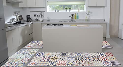 Alfombra vinílica hidráulica de baldosas Multicolor para Cocina, Pasillo, Aseo, dormitorios con revés PVC Antideslizante.